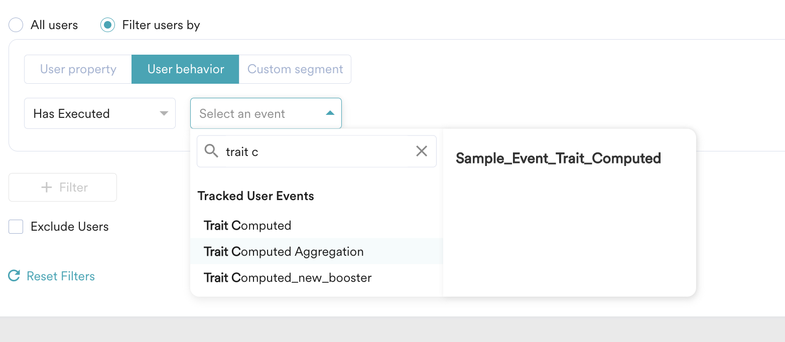 Screenshot of User behavior filter in MoEngage UI
