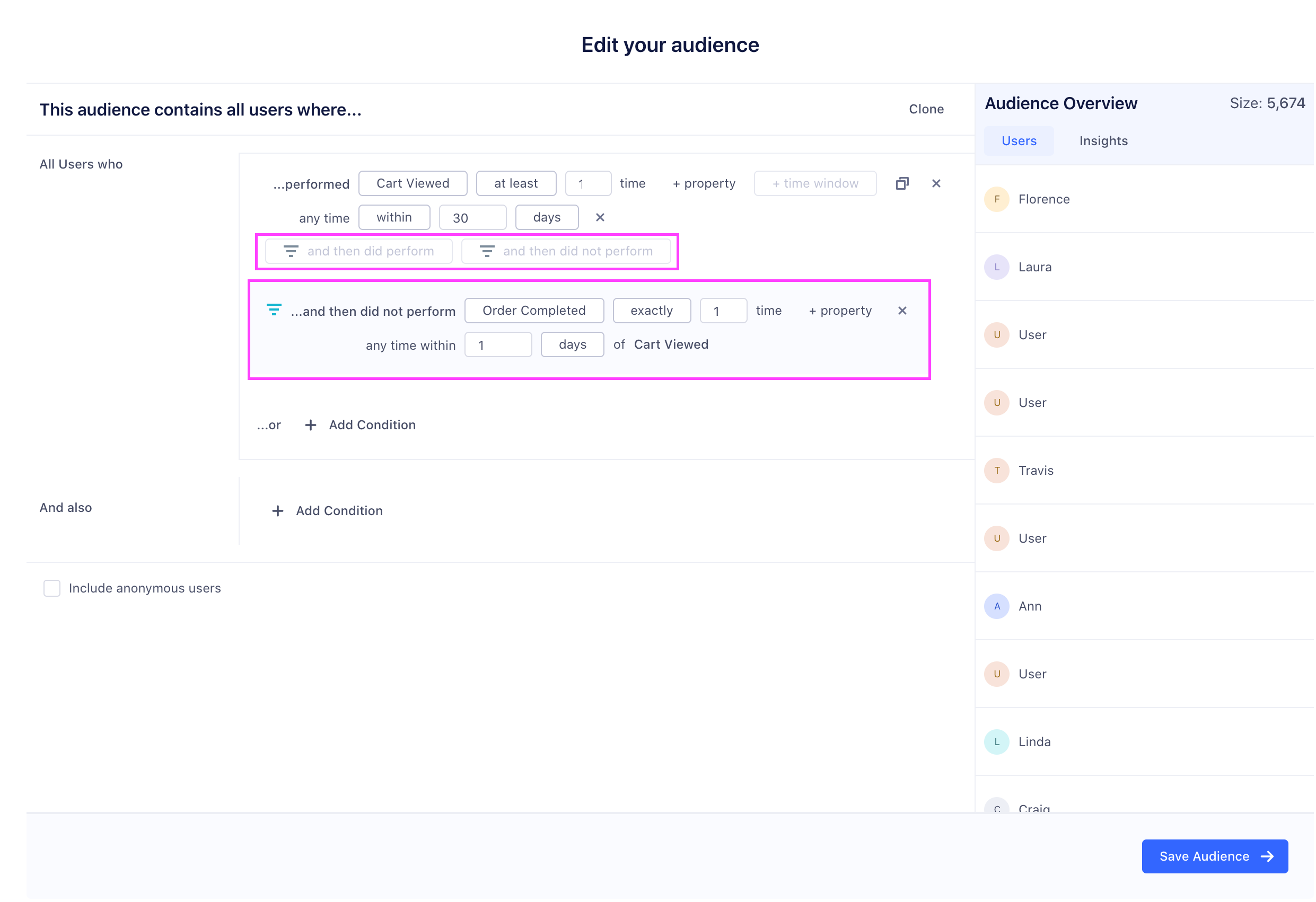 A screenshot of using funnel conditions in the Engage Audience builder Funnel condition